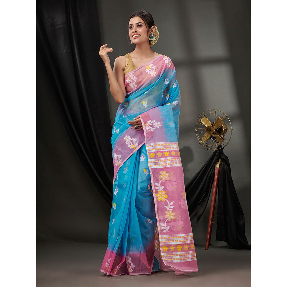 CHARUKRITI Sky Blue Cotton Dhakai Jamdhani Handwoven Saree without Blouse & Floral Motifs