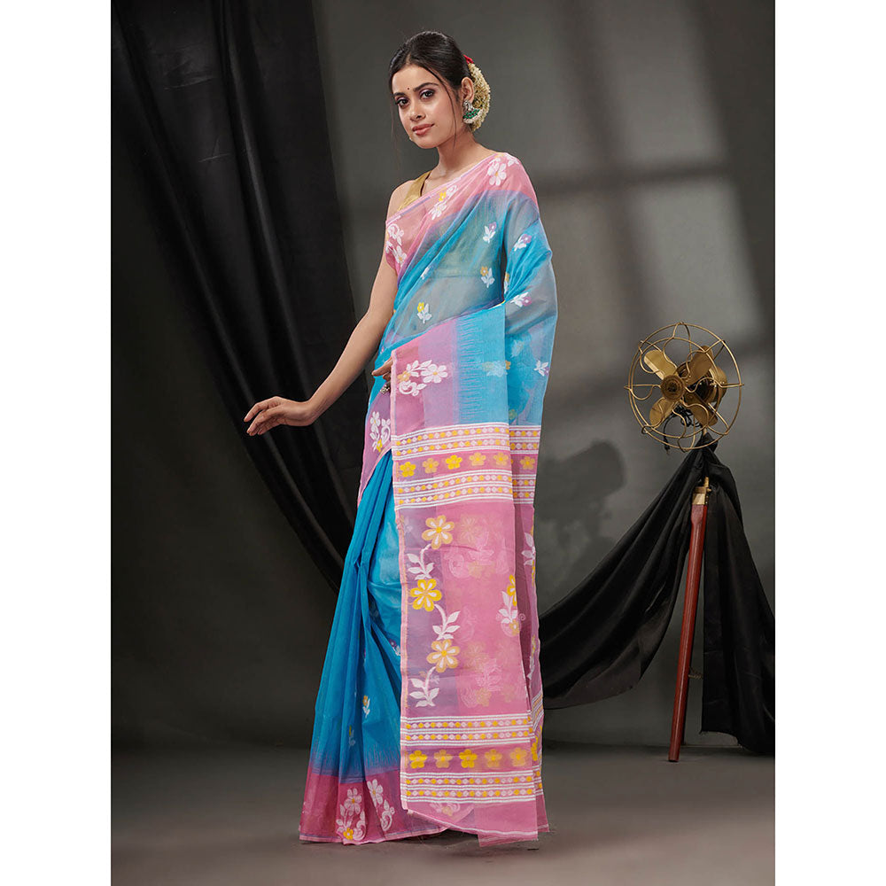 CHARUKRITI Sky Blue Cotton Dhakai Jamdhani Handwoven Saree without Blouse & Floral Motifs