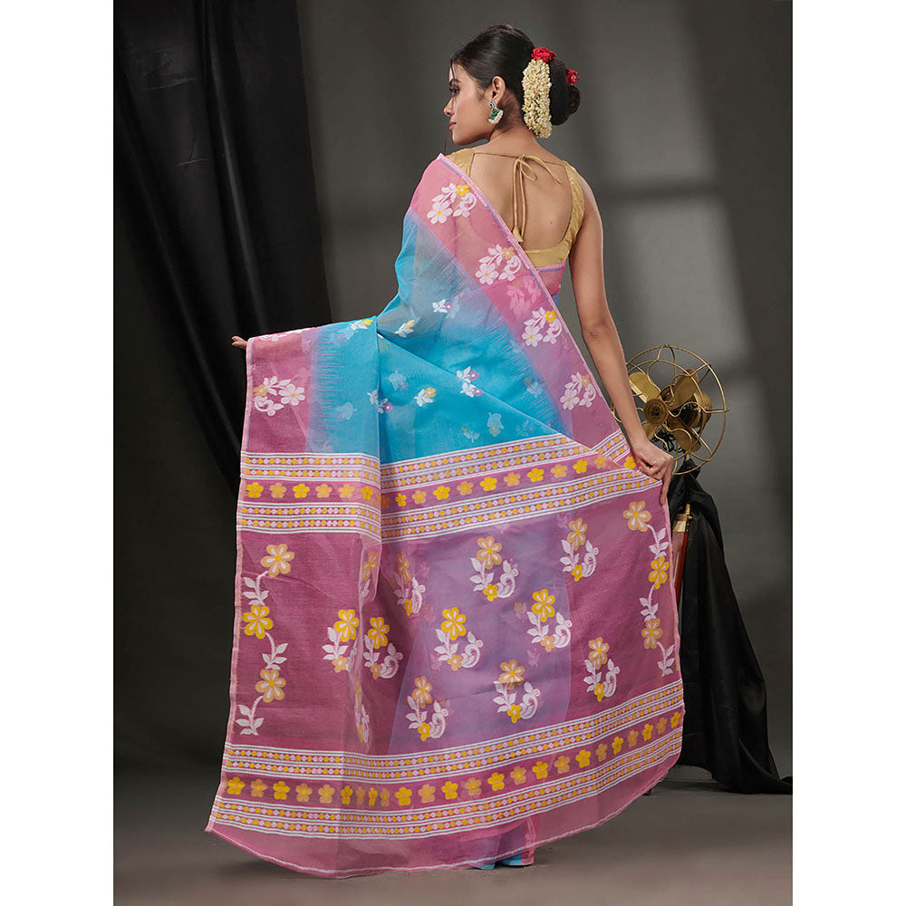 CHARUKRITI Sky Blue Cotton Dhakai Jamdhani Handwoven Saree without Blouse & Floral Motifs