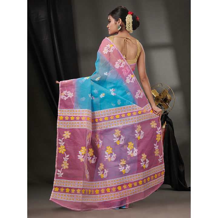 CHARUKRITI Sky Blue Cotton Dhakai Jamdhani Handwoven Saree without Blouse & Floral Motifs