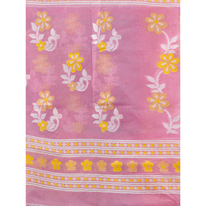 CHARUKRITI Sky Blue Cotton Dhakai Jamdhani Handwoven Saree without Blouse & Floral Motifs