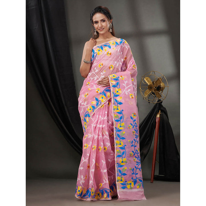 CHARUKRITI Pink Cotton Dhakai Jamdhani Handwoven Saree without Blouse & Foliage Designs