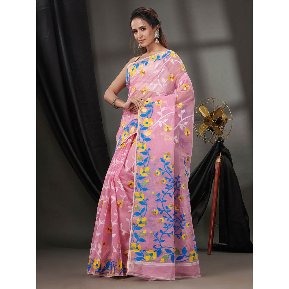 CHARUKRITI Pink Cotton Dhakai Jamdhani Handwoven Saree without Blouse & Foliage Designs