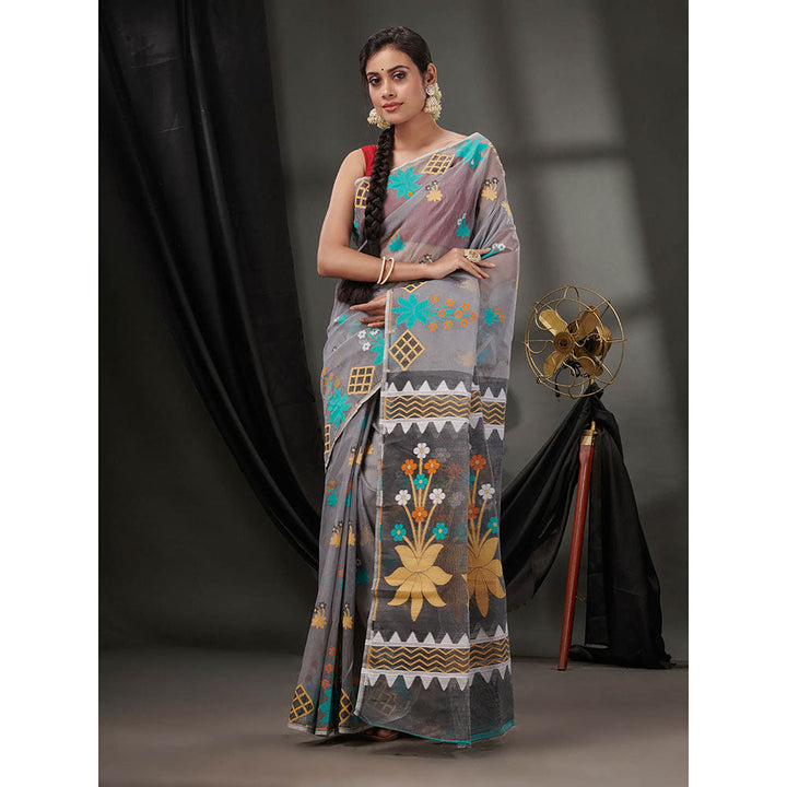 CHARUKRITI Grey Cotton Dhakai Jamdhani Handwoven Saree without Blouse & Woven Designs