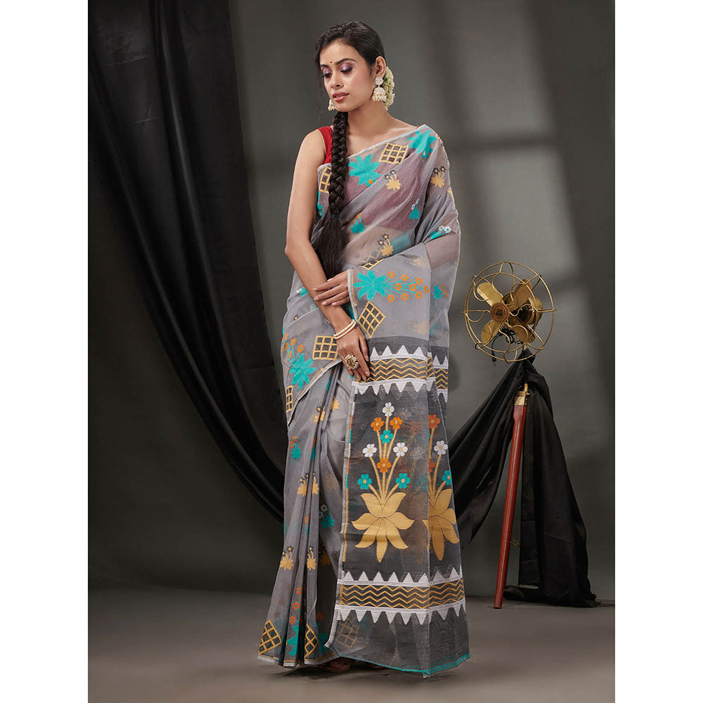 CHARUKRITI Grey Cotton Dhakai Jamdhani Handwoven Saree without Blouse & Woven Designs