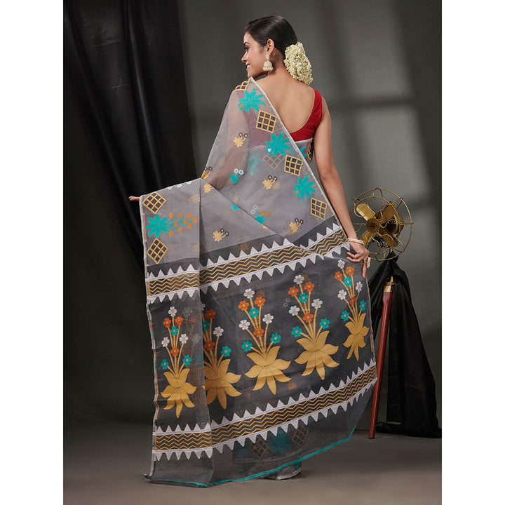 CHARUKRITI Grey Cotton Dhakai Jamdhani Handwoven Saree without Blouse & Woven Designs