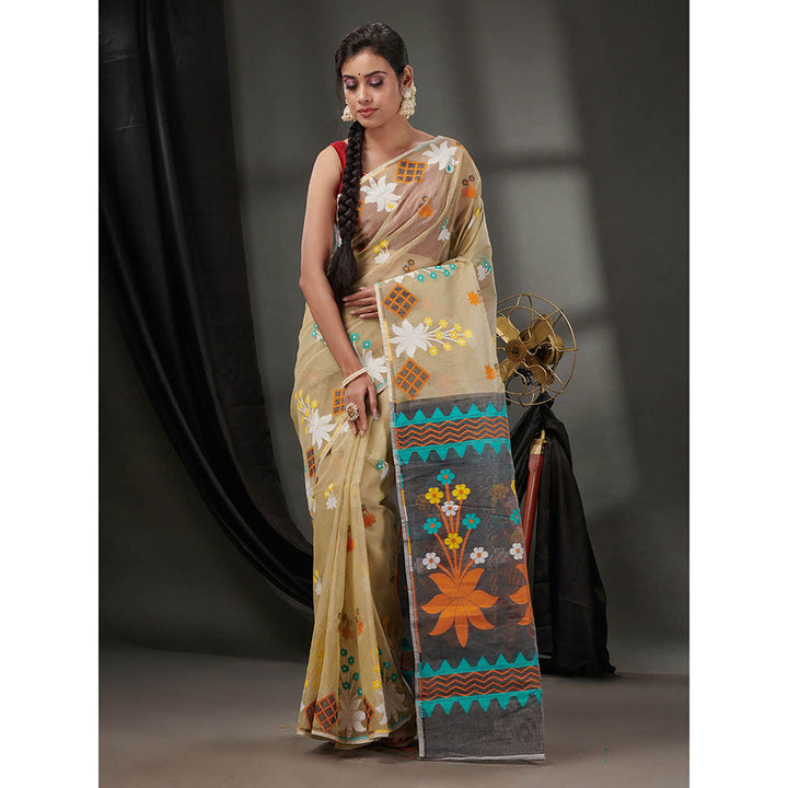 CHARUKRITI Beige Cotton Dhakai Jamdhani Handwoven Saree without Blouse & Woven Designs