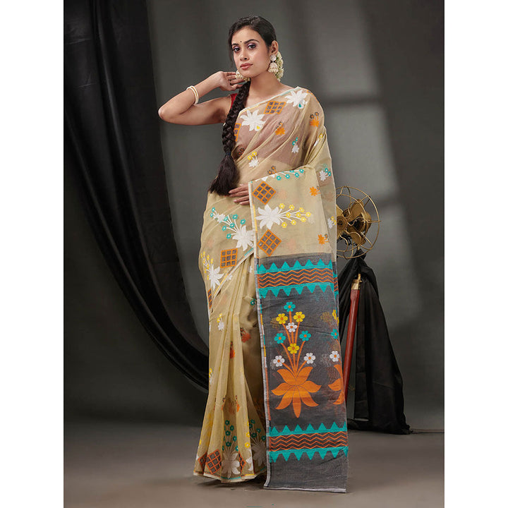 CHARUKRITI Beige Cotton Dhakai Jamdhani Handwoven Saree without Blouse & Woven Designs