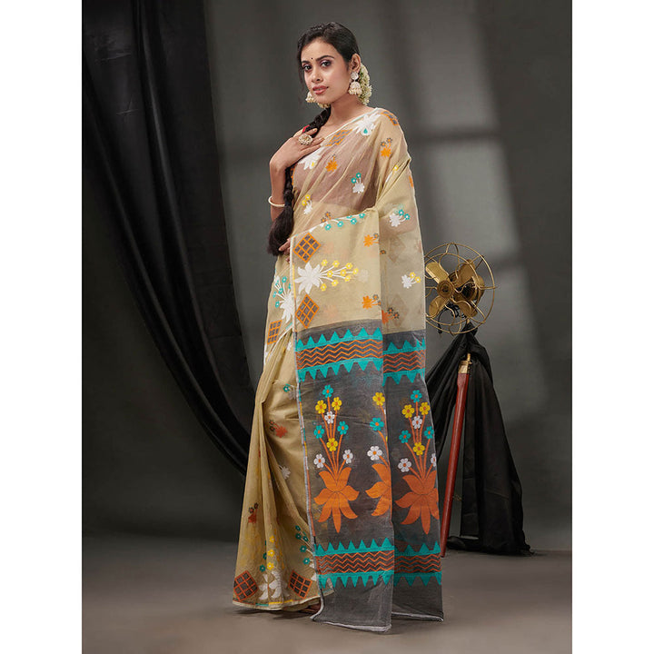 CHARUKRITI Beige Cotton Dhakai Jamdhani Handwoven Saree without Blouse & Woven Designs