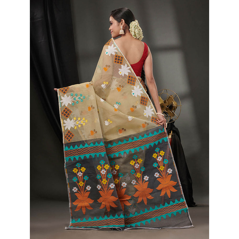 CHARUKRITI Beige Cotton Dhakai Jamdhani Handwoven Saree without Blouse & Woven Designs