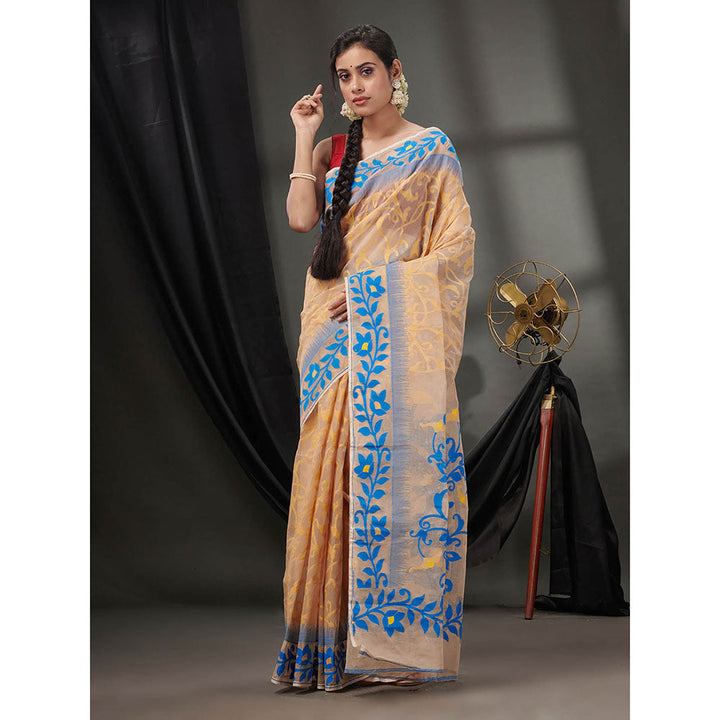 CHARUKRITI Beige Cotton Dhakai Jamdhani Handwoven Saree without Blouse & Nakshi Designs