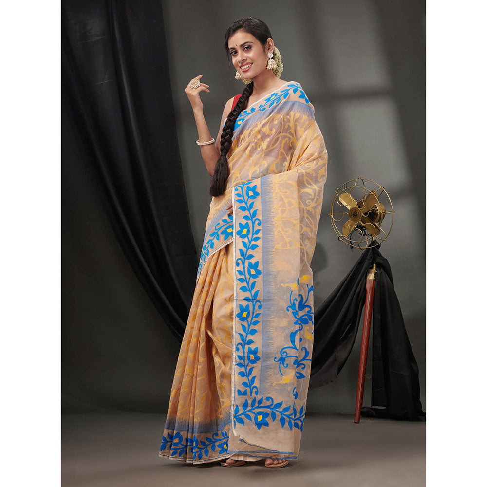 CHARUKRITI Beige Cotton Dhakai Jamdhani Handwoven Saree without Blouse & Nakshi Designs