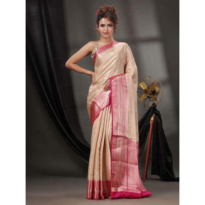 CHARUKRITI Off White Blended Silk Handwoven Saree with Woven Zari Designs & Unstitched Blouse