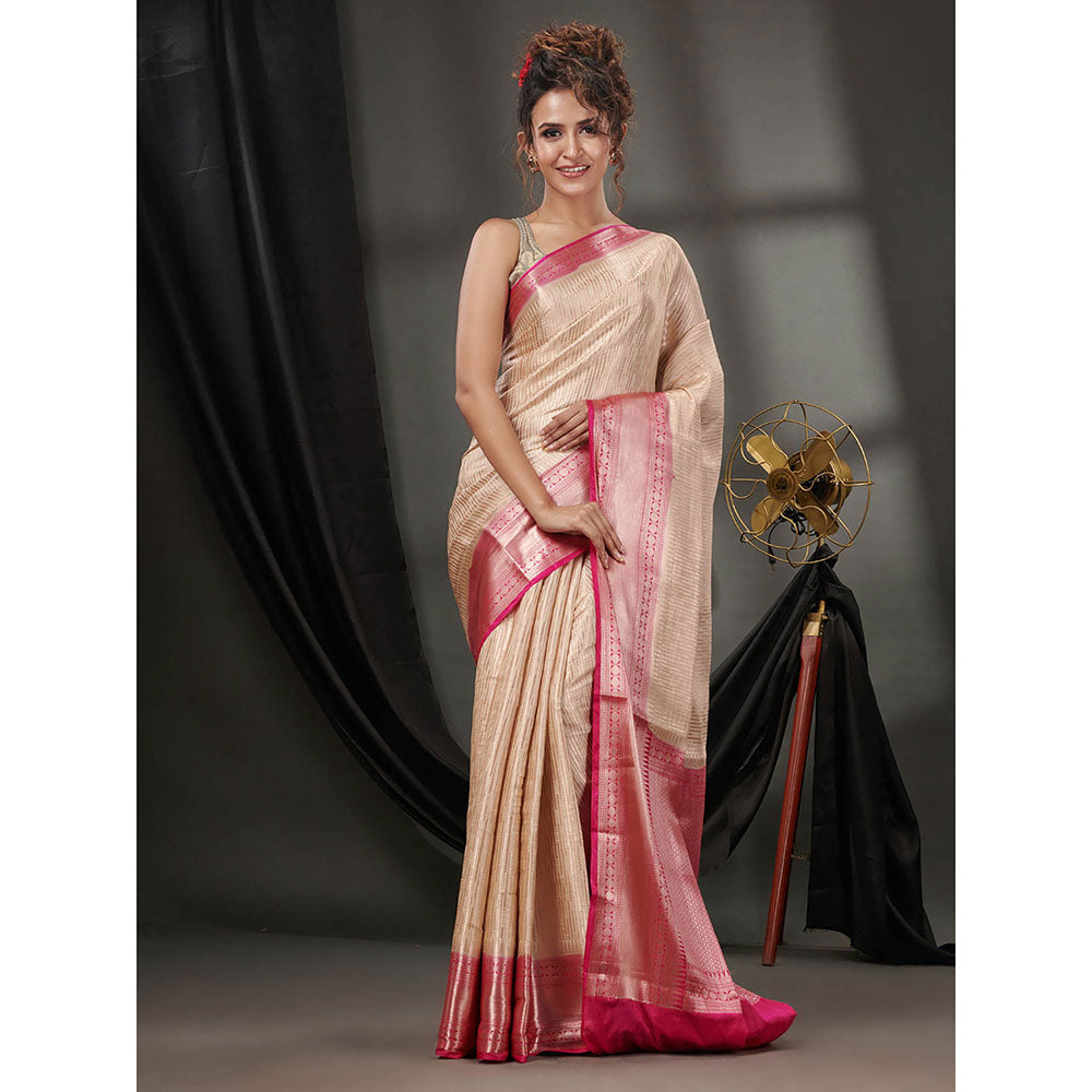 CHARUKRITI Off White Blended Silk Handwoven Saree with Woven Zari Designs & Unstitched Blouse