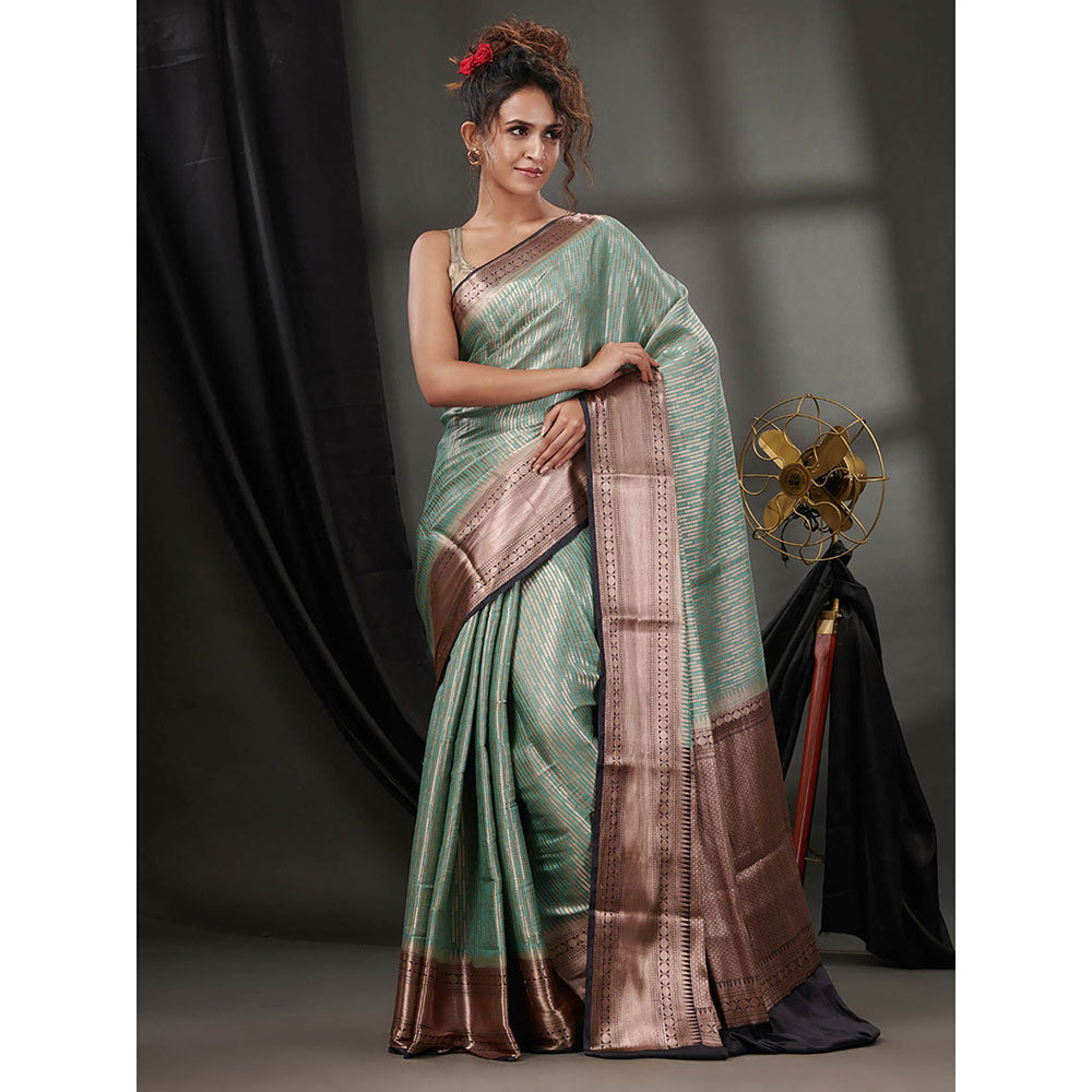 CHARUKRITI Ice Green Blended Silk Handwoven Saree with Woven Zari Designs & Unstitched Blouse