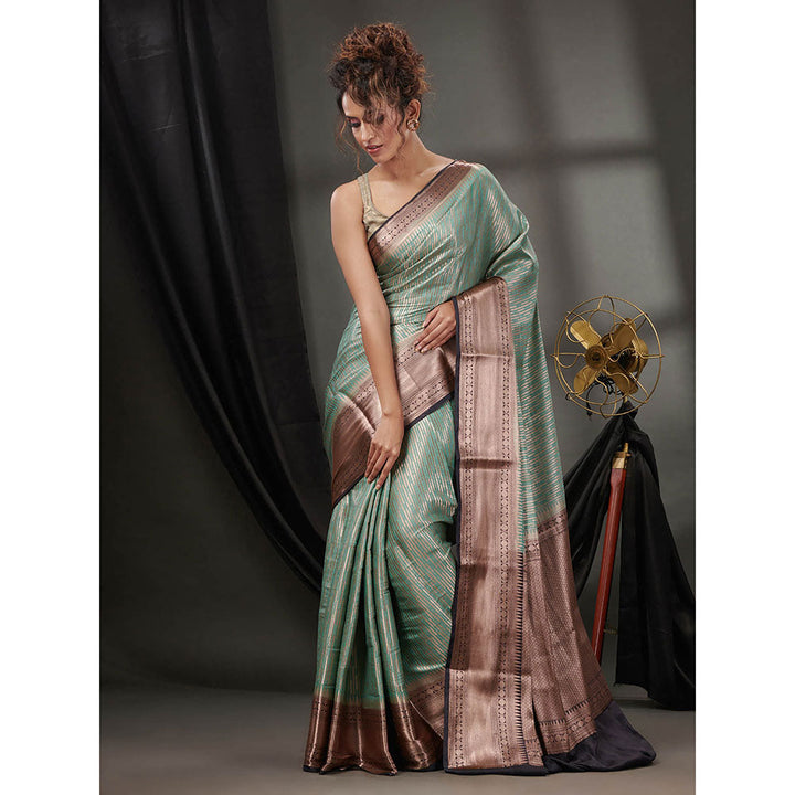 CHARUKRITI Ice Green Blended Silk Handwoven Saree with Woven Zari Designs & Unstitched Blouse