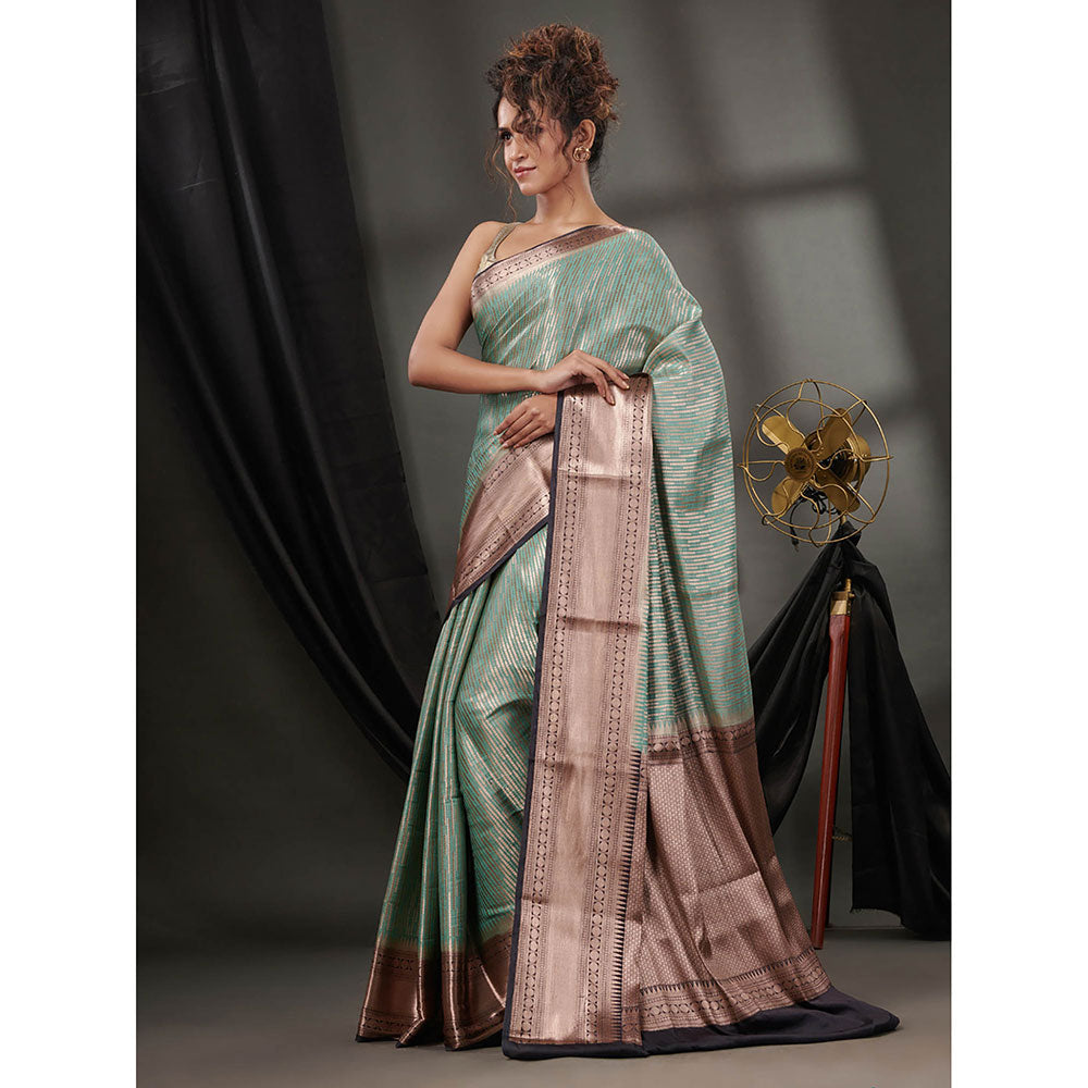 CHARUKRITI Ice Green Blended Silk Handwoven Saree with Woven Zari Designs & Unstitched Blouse