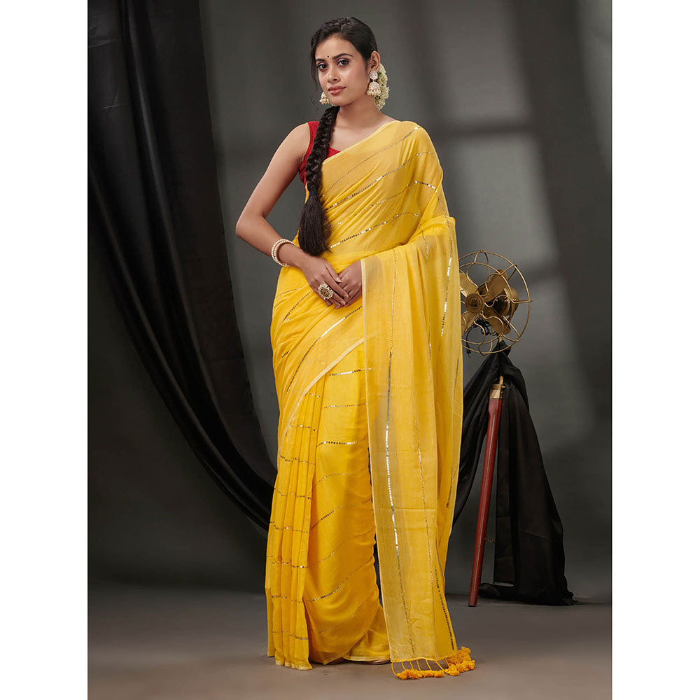 CHARUKRITI Yellow Cotton Handwoven Soft Saree without Blouse & Sequinned Work