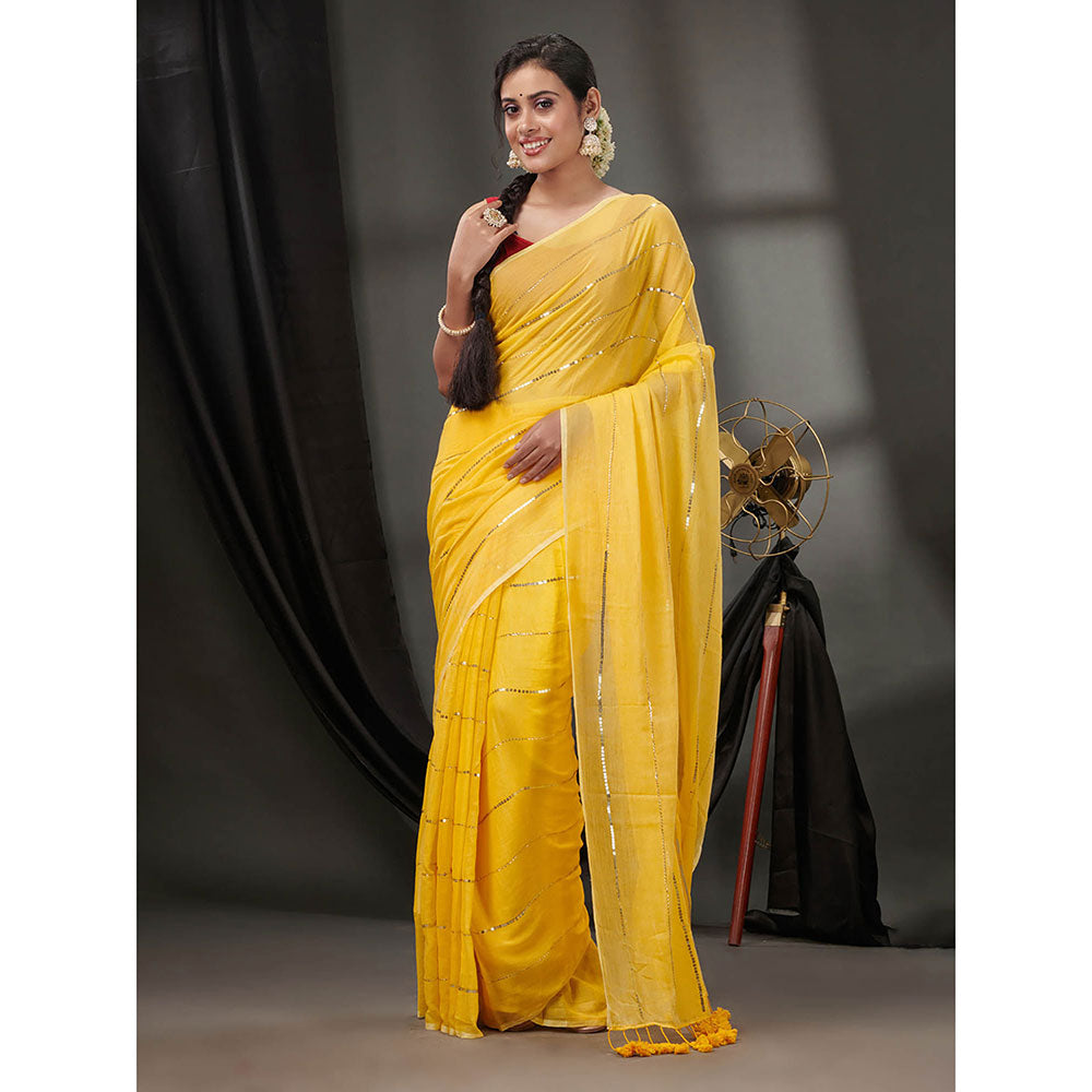 CHARUKRITI Yellow Cotton Handwoven Soft Saree without Blouse & Sequinned Work