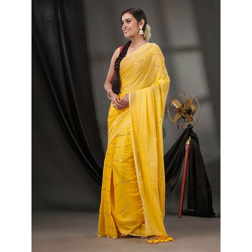 CHARUKRITI Yellow Cotton Handwoven Soft Saree without Blouse & Sequinned Work