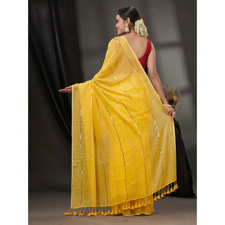 CHARUKRITI Yellow Cotton Handwoven Soft Saree without Blouse & Sequinned Work