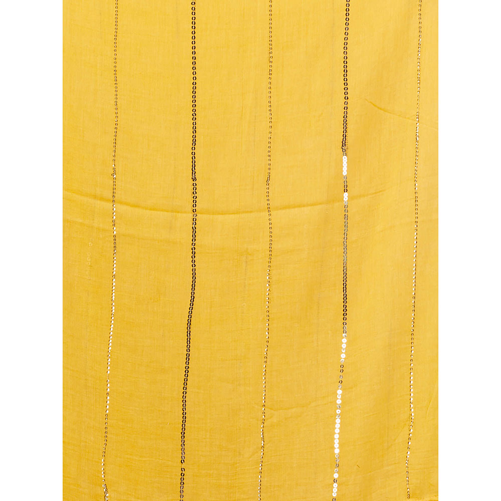 CHARUKRITI Yellow Cotton Handwoven Soft Saree without Blouse & Sequinned Work