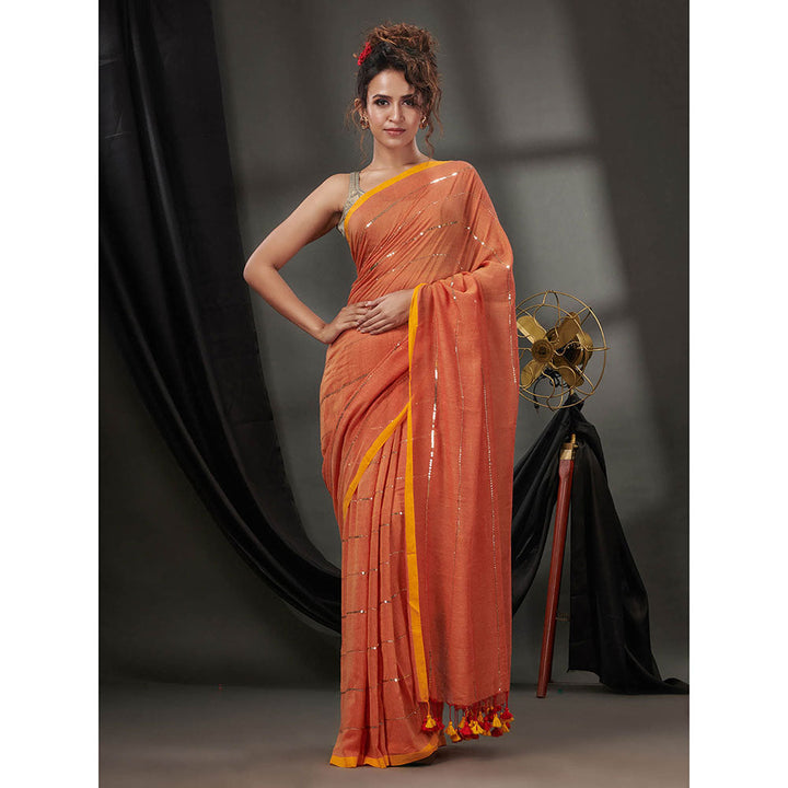 CHARUKRITI Orange Cotton Handwoven Soft Saree without Blouse & Sequinned Work