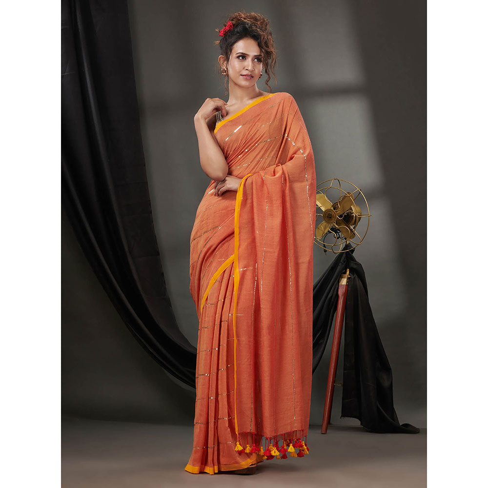 CHARUKRITI Orange Cotton Handwoven Soft Saree without Blouse & Sequinned Work