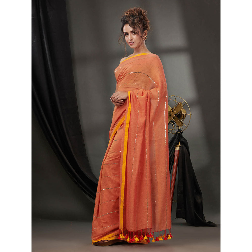 CHARUKRITI Orange Cotton Handwoven Soft Saree without Blouse & Sequinned Work