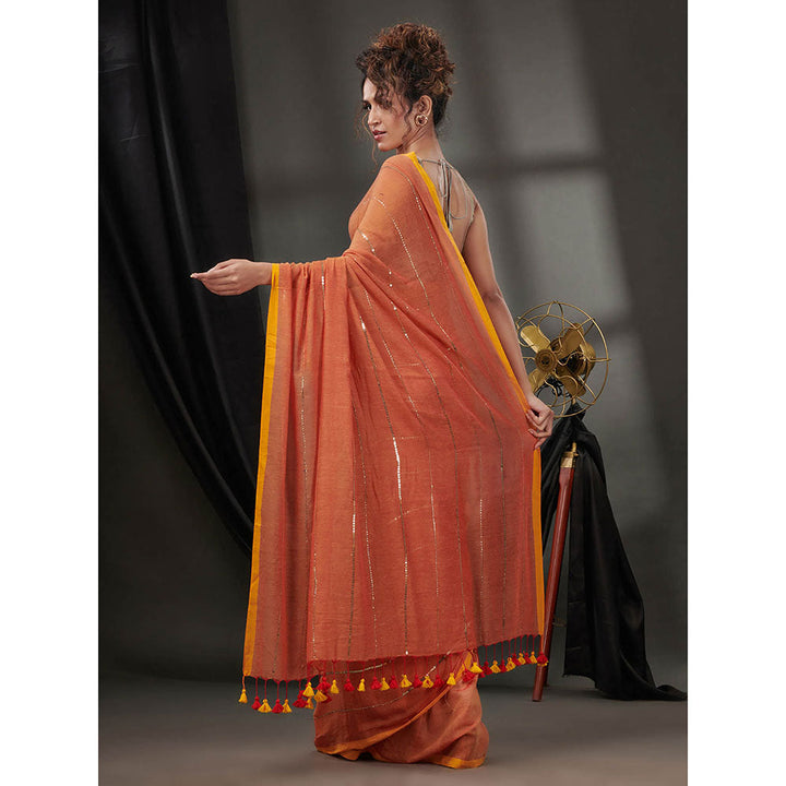 CHARUKRITI Orange Cotton Handwoven Soft Saree without Blouse & Sequinned Work