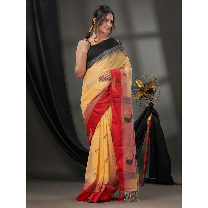 CHARUKRITI Cream Cotton Handspun Handwoven Saree with Woven Designs & Unstitched Blouse