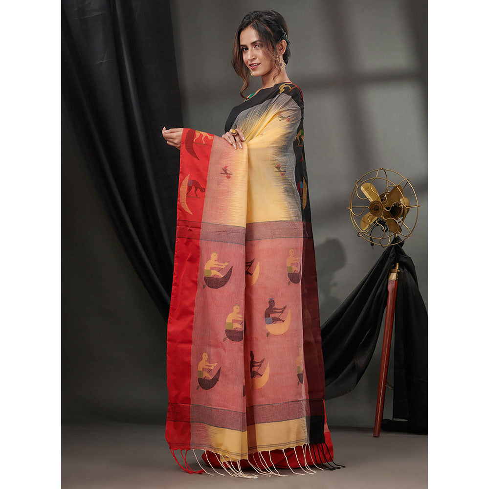 CHARUKRITI Cream Cotton Handspun Handwoven Saree with Woven Designs & Unstitched Blouse