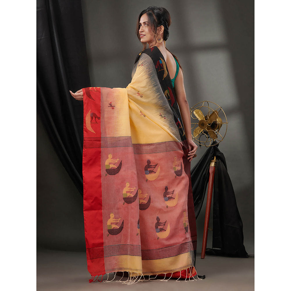 CHARUKRITI Cream Cotton Handspun Handwoven Saree with Woven Designs & Unstitched Blouse