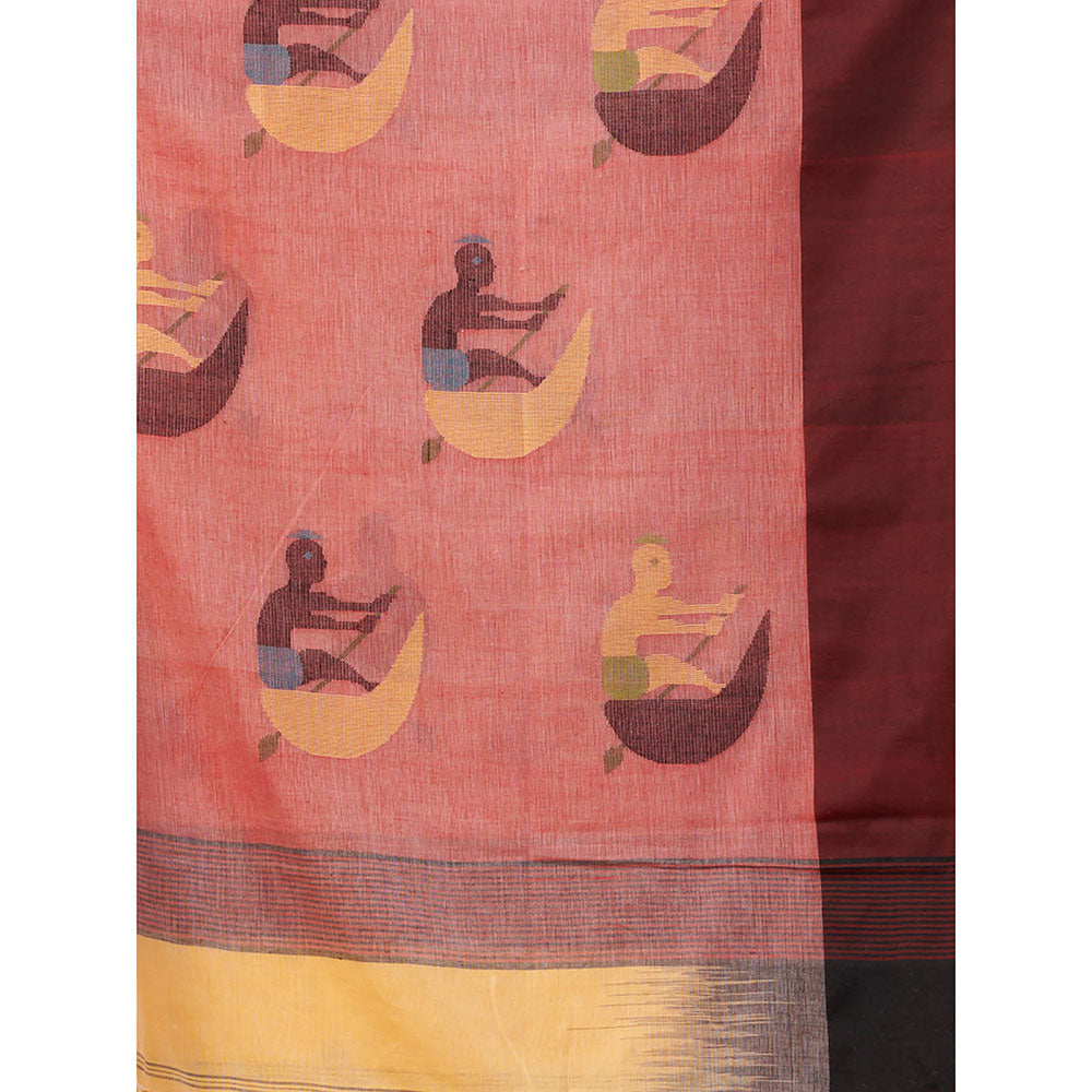 CHARUKRITI Cream Cotton Handspun Handwoven Saree with Woven Designs & Unstitched Blouse