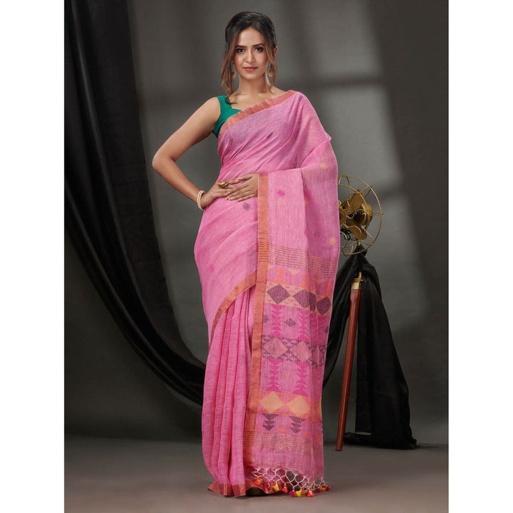 CHARUKRITI Pink Linen Handwoven Saree with Zari Borders & Unstitched Blouse