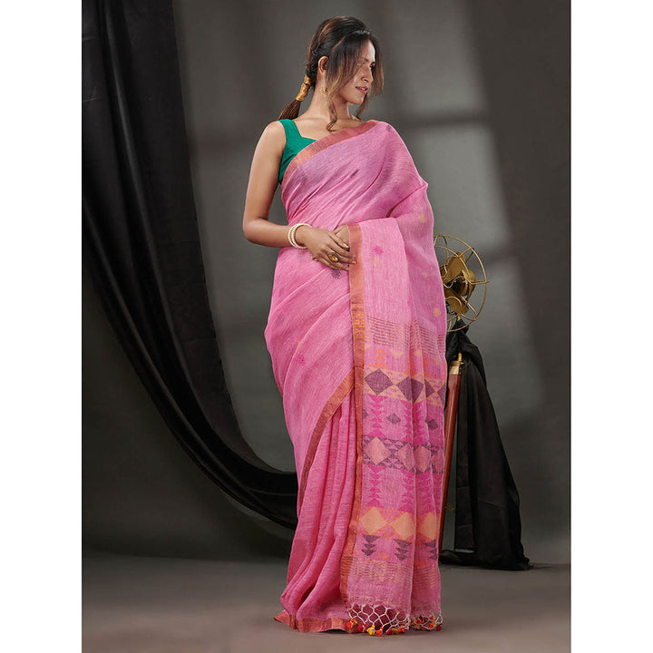 CHARUKRITI Pink Linen Handwoven Saree with Zari Borders & Unstitched Blouse