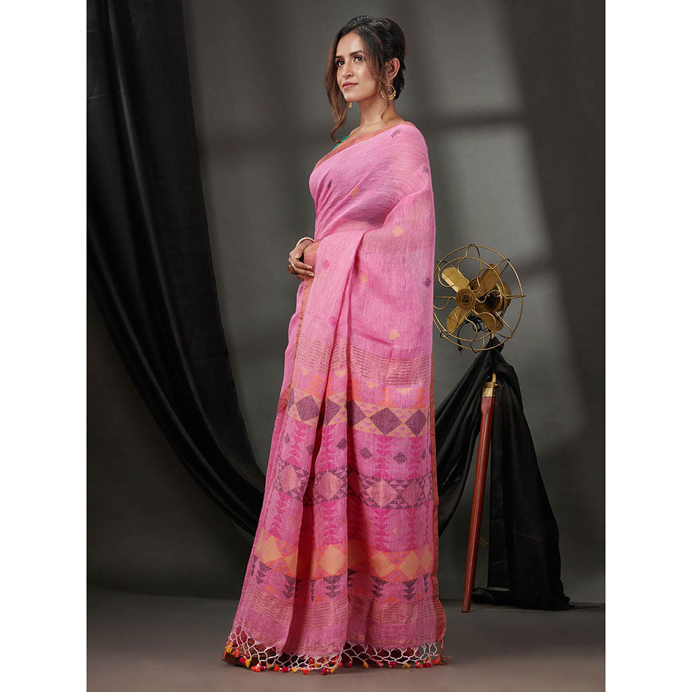 CHARUKRITI Pink Linen Handwoven Saree with Zari Borders & Unstitched Blouse