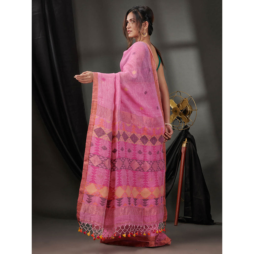 CHARUKRITI Pink Linen Handwoven Saree with Zari Borders & Unstitched Blouse