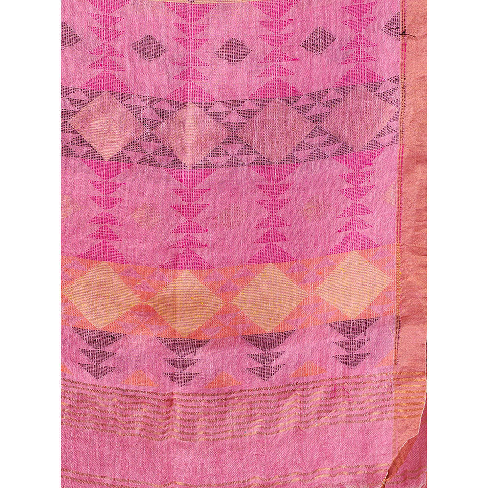 CHARUKRITI Pink Linen Handwoven Saree with Zari Borders & Unstitched Blouse