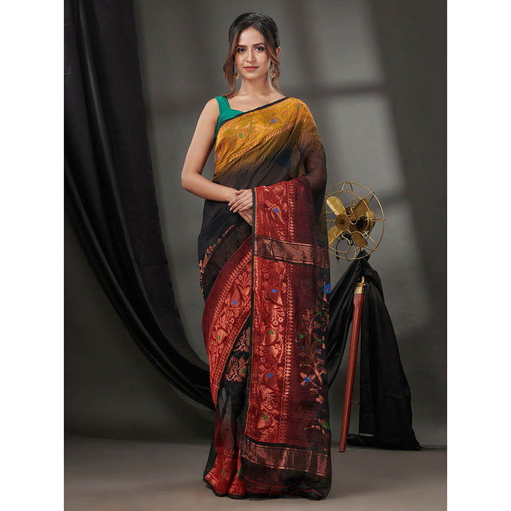 CHARUKRITI Black Silk Cotton Jamdhani Handwoven Saree without Blouse & Zari Woven Designs