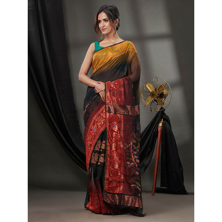 CHARUKRITI Black Silk Cotton Jamdhani Handwoven Saree without Blouse & Zari Woven Designs