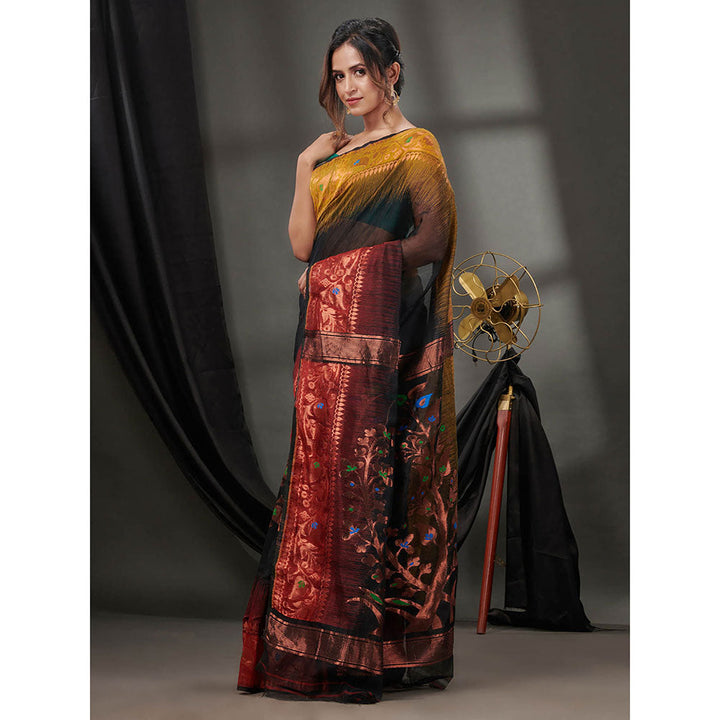 CHARUKRITI Black Silk Cotton Jamdhani Handwoven Saree without Blouse & Zari Woven Designs