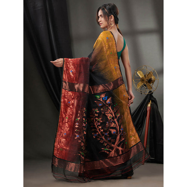 CHARUKRITI Black Silk Cotton Jamdhani Handwoven Saree without Blouse & Zari Woven Designs