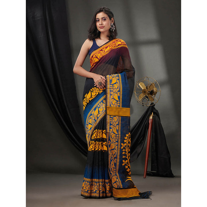 CHARUKRITI Black Silk Cotton Jamdhani Handwoven Saree without Blouse & Zari Woven Designs