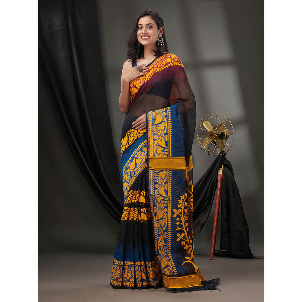 CHARUKRITI Black Silk Cotton Jamdhani Handwoven Saree without Blouse & Zari Woven Designs