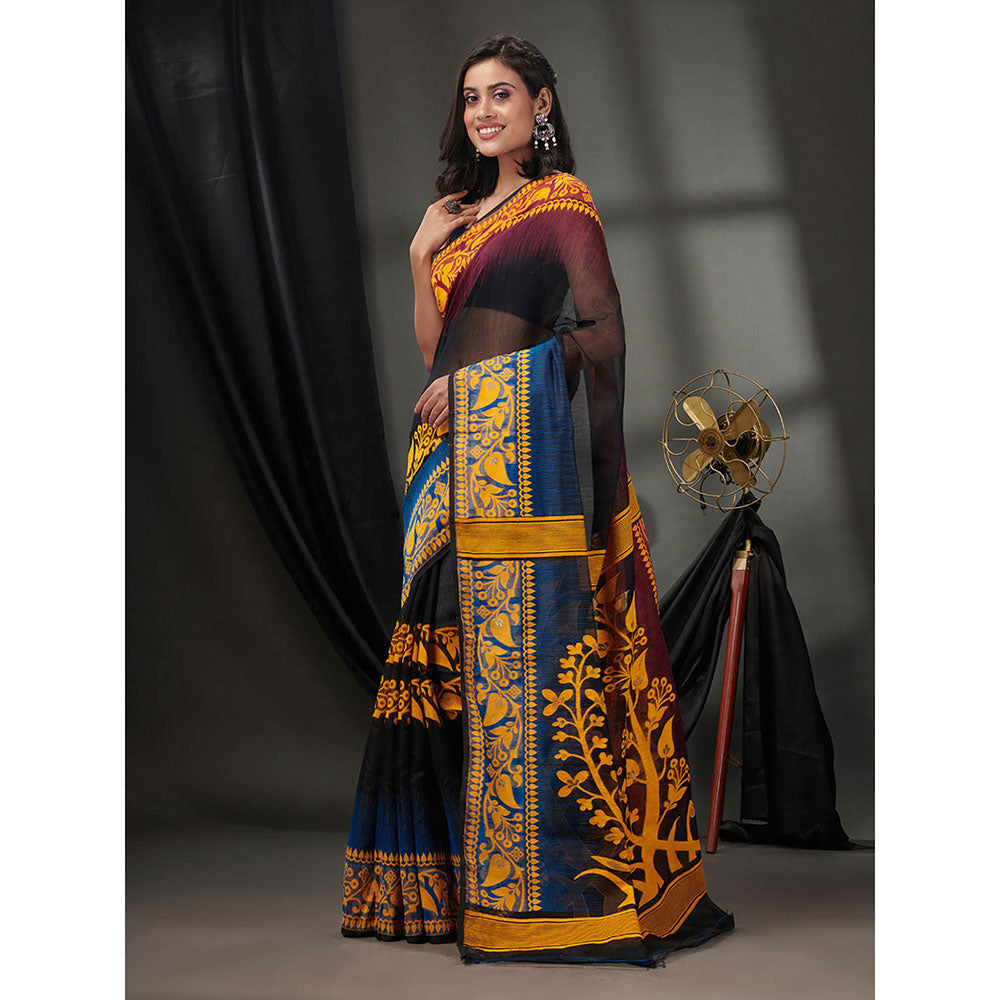 CHARUKRITI Black Silk Cotton Jamdhani Handwoven Saree without Blouse & Zari Woven Designs