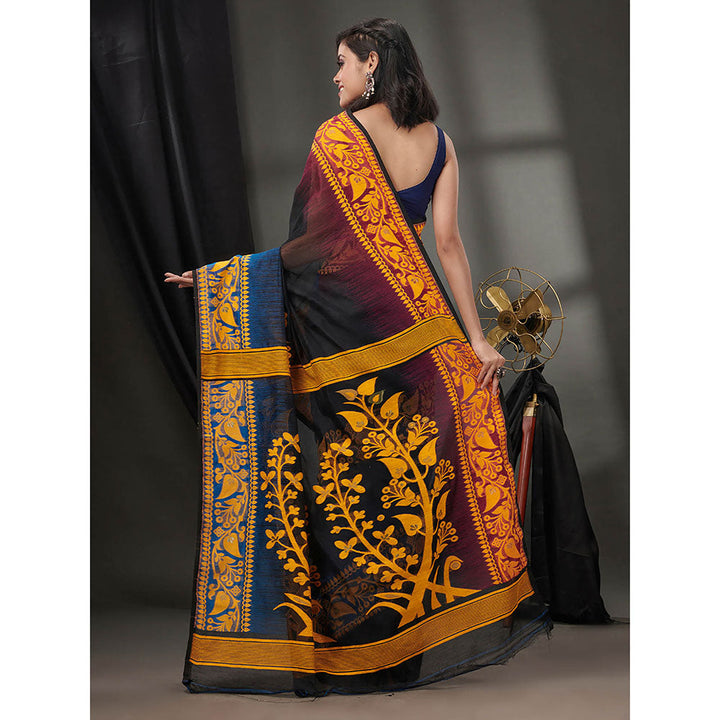 CHARUKRITI Black Silk Cotton Jamdhani Handwoven Saree without Blouse & Zari Woven Designs