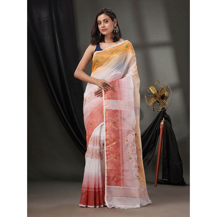 CHARUKRITI White Silk Cotton Jamdhani Handwoven Saree without Blouse & Zari Woven Designs