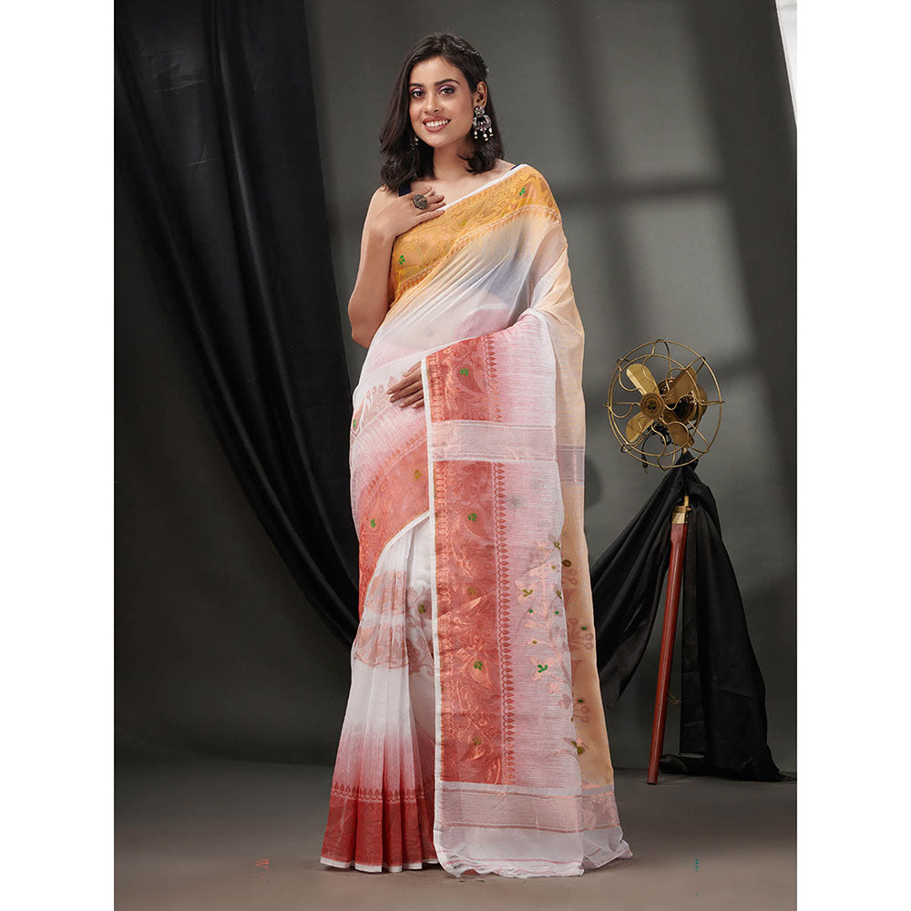 CHARUKRITI White Silk Cotton Jamdhani Handwoven Saree without Blouse & Zari Woven Designs