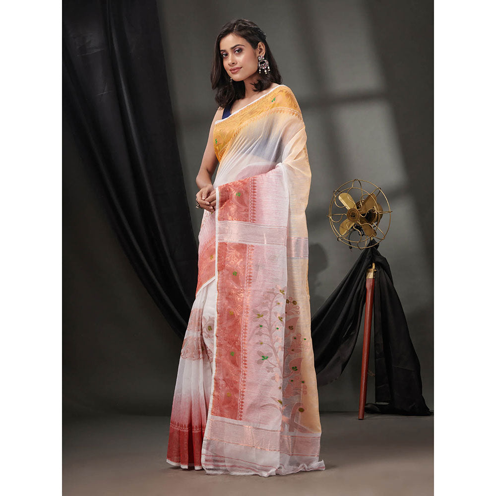 CHARUKRITI White Silk Cotton Jamdhani Handwoven Saree without Blouse & Zari Woven Designs